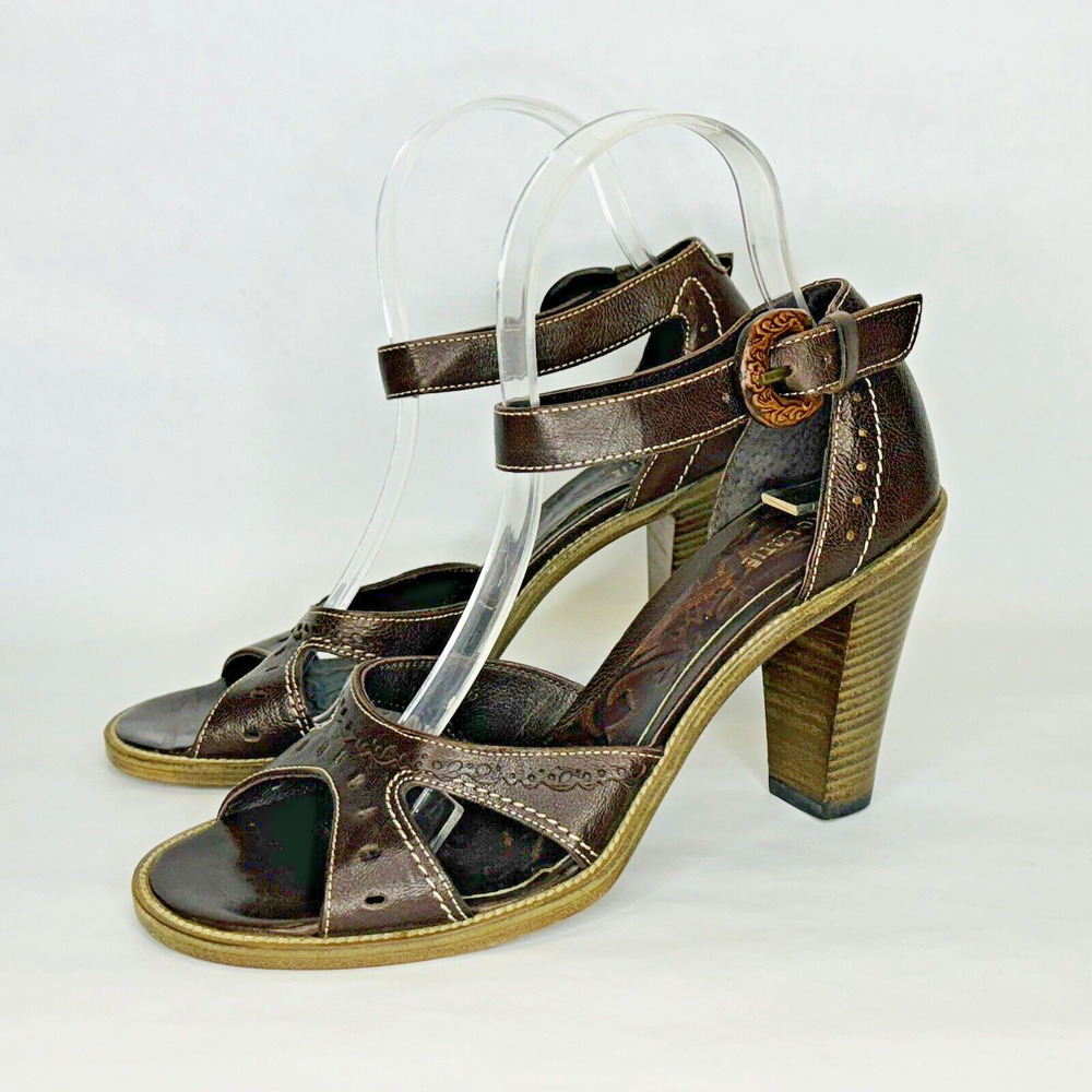 Vic Matie Ankle Strap Sandals Block Heel Size 36 Brown‎ Leather Strappy BOHO